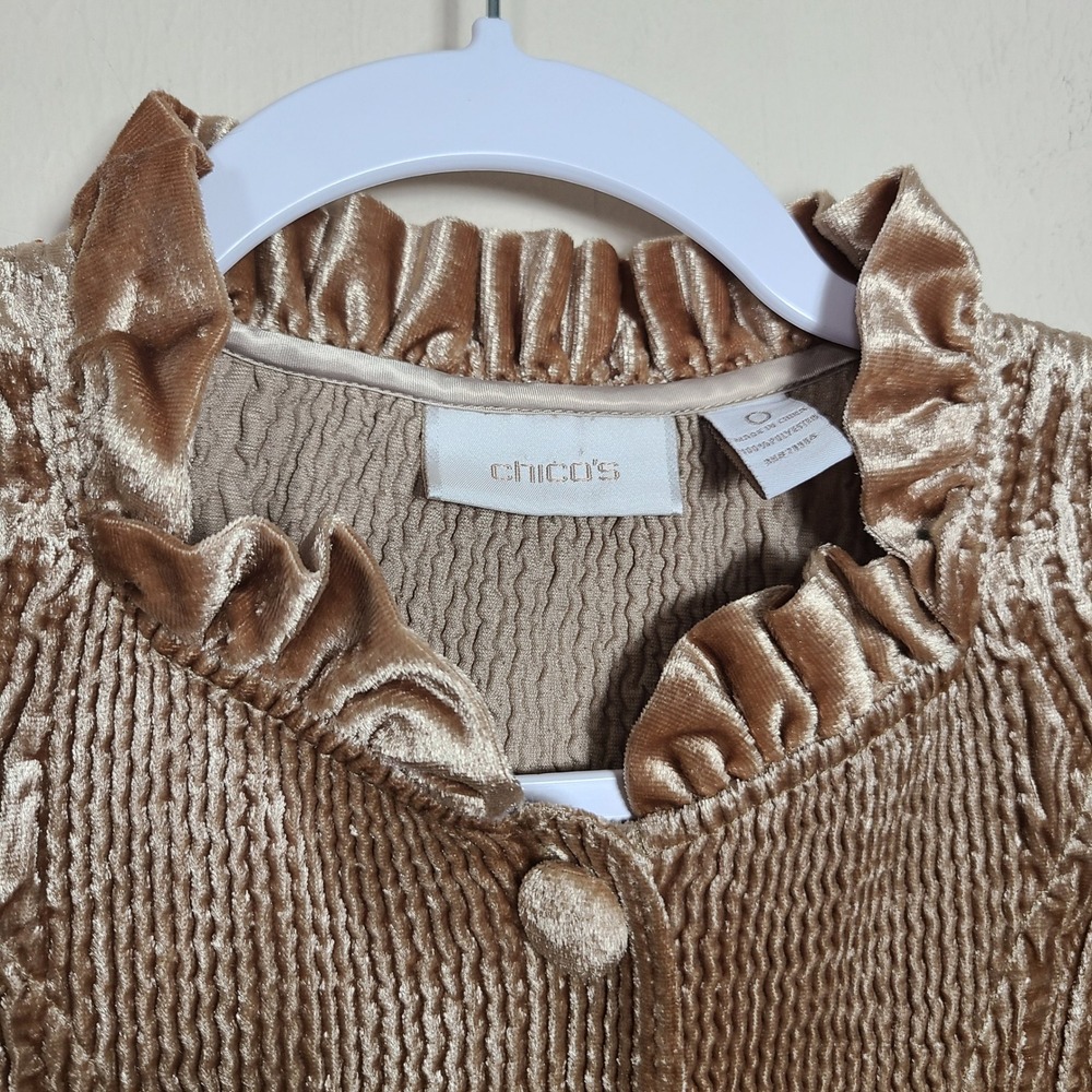 Chicos Gold Keily Crinkle Velvet Ruffled Jacket S Romantic Victorian Regencycore - Picture 6 of 10